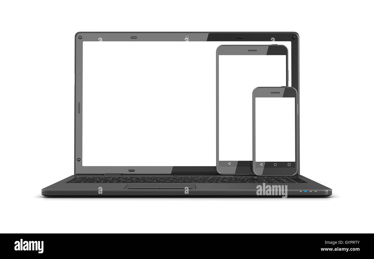 Laptop, tablet pc e smartphone con uno schermo bianco , questo è un computer 3d immagine generata. Isolato su bianco. Foto Stock