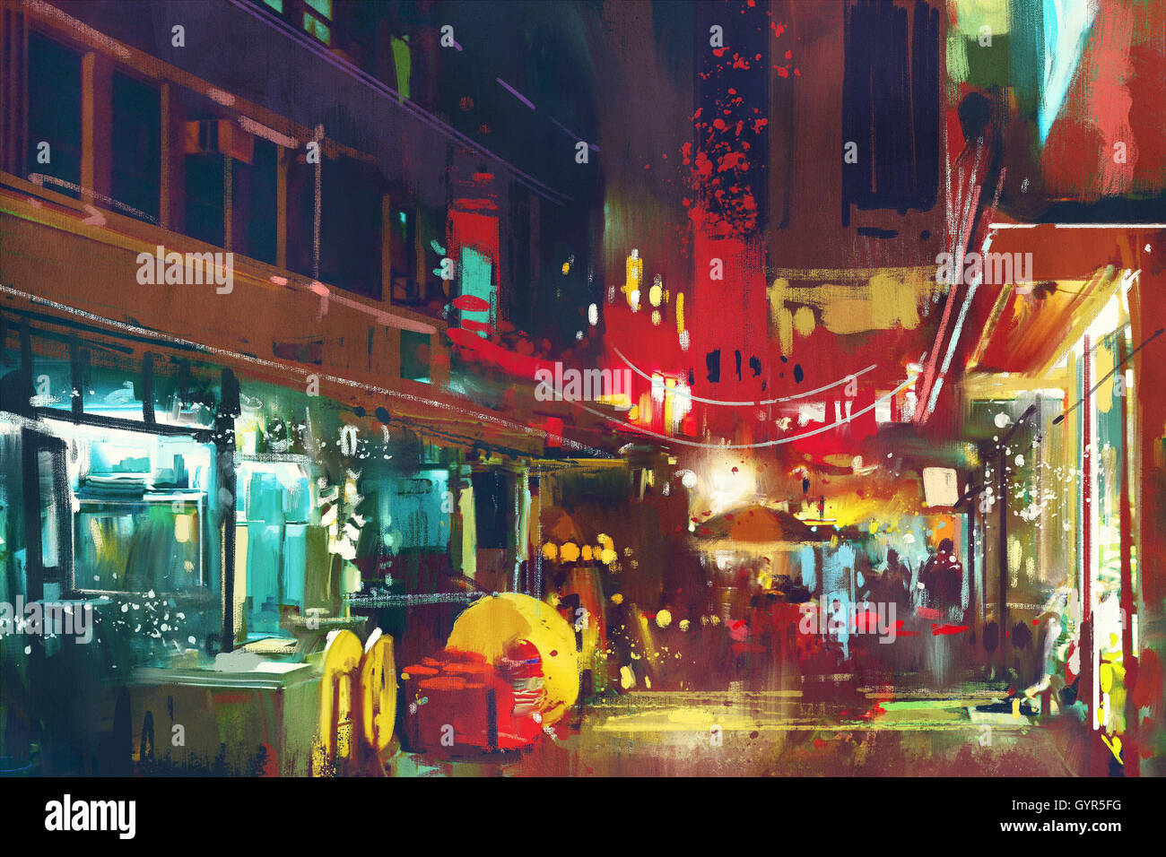 La pittura di colorati e la costruzione di una strada di città di notte,cityscape illustrazione Foto Stock