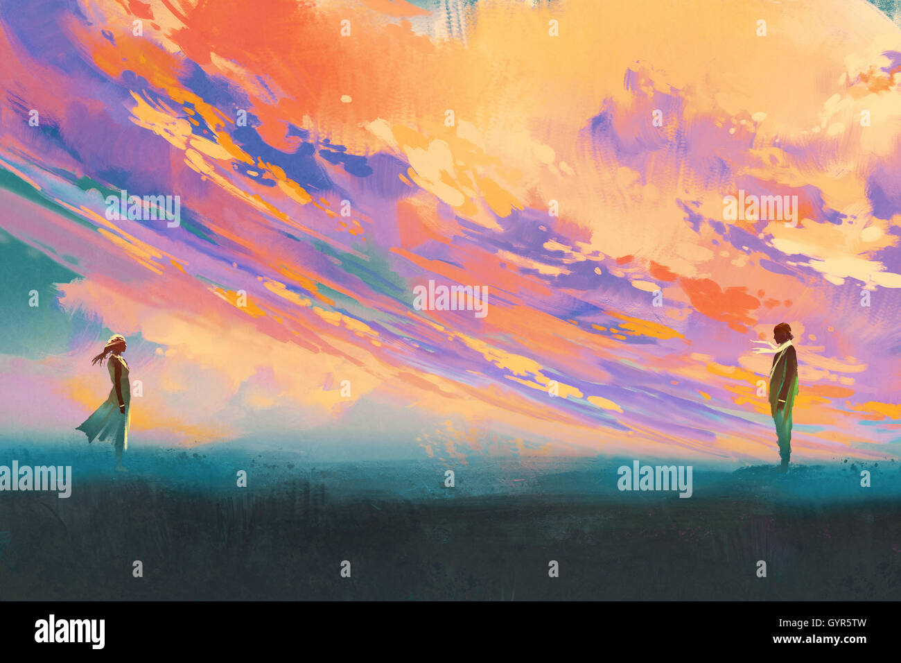 L uomo e la donna in piedi di fronte di ogni altro contro il cielo colorato,illustrazione pittura Foto Stock