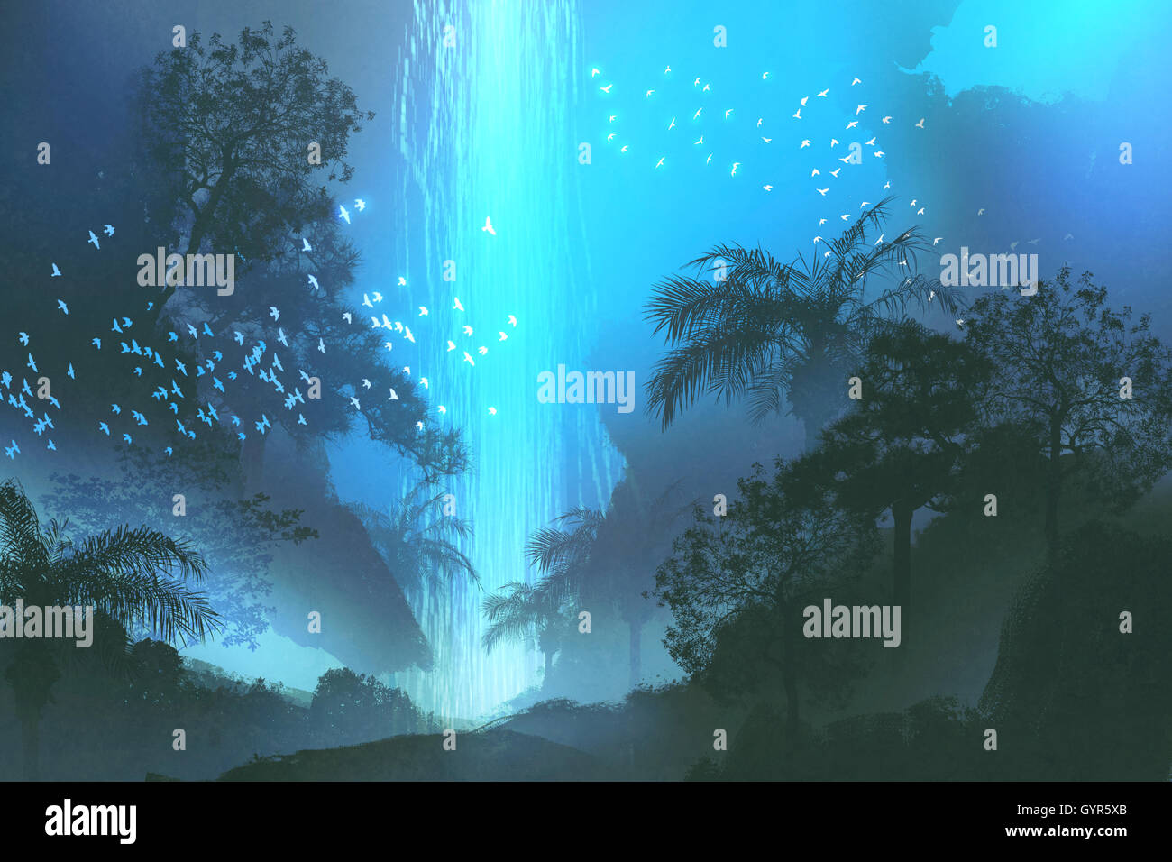 Paesaggio notturno che mostra il blu cascata nella foresta,la pittura di paesaggio, illustrazione Foto Stock