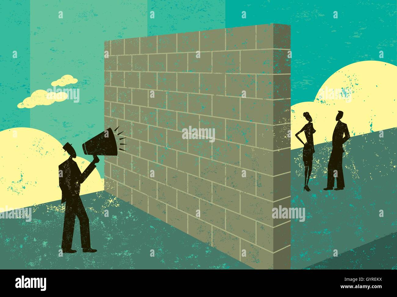 Gridava a un muro di mattoni un uomo grida di un muro di mattoni che rappresenta una barriera per la sua capacità di raggiungere i clienti potenziali. Illustrazione Vettoriale