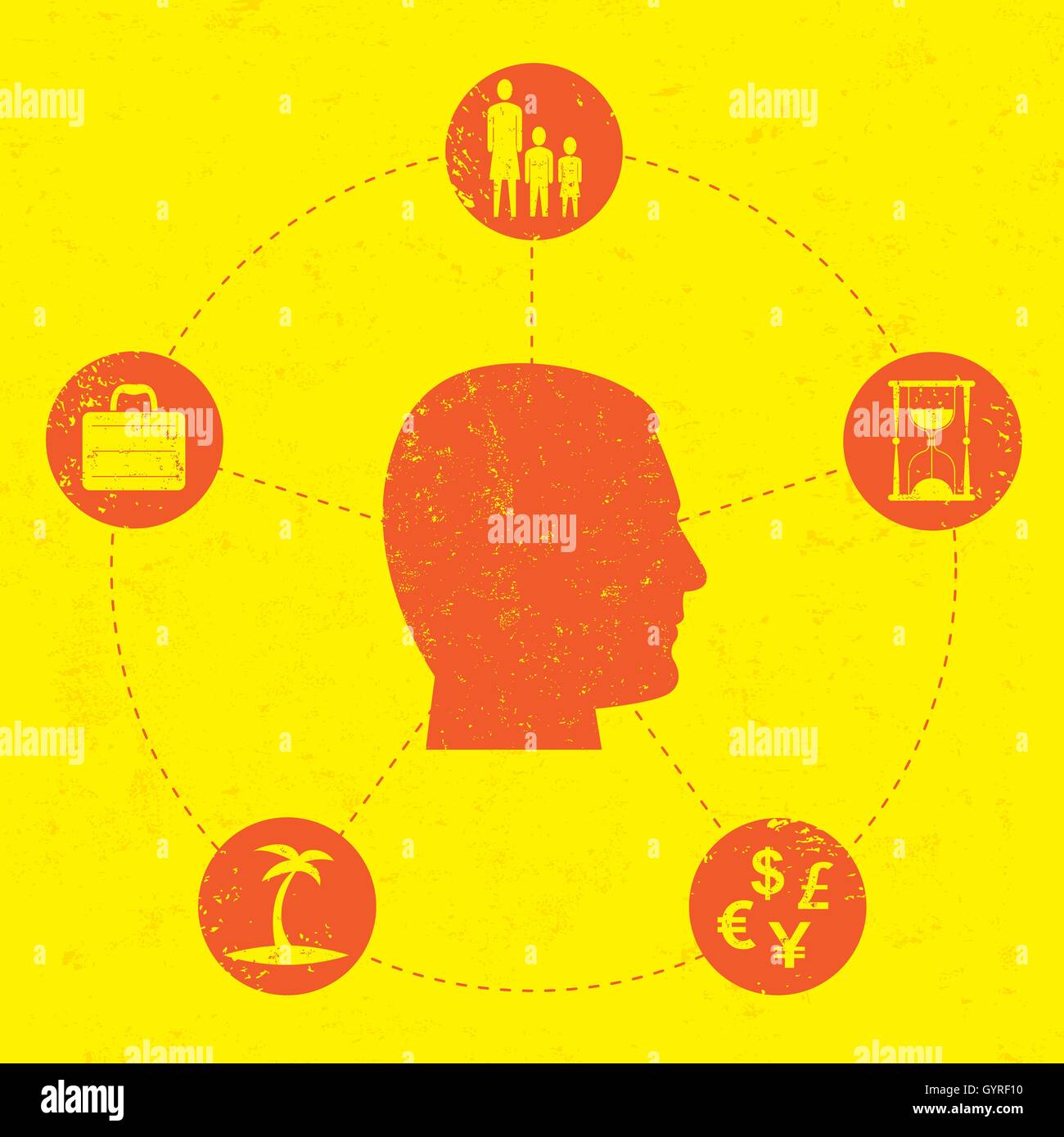 Equilibrio tra lavoro e vita familiare un uomo prendendo in considerazione alcuni aspetti importanti della vita. Illustrazione Vettoriale