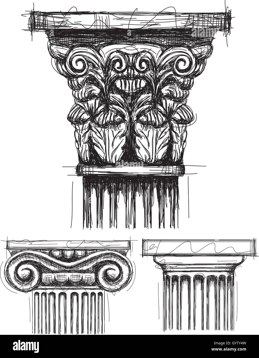 Capitelli corinzi, ionici e dorici schizzi di capitale Illustrazione Vettoriale