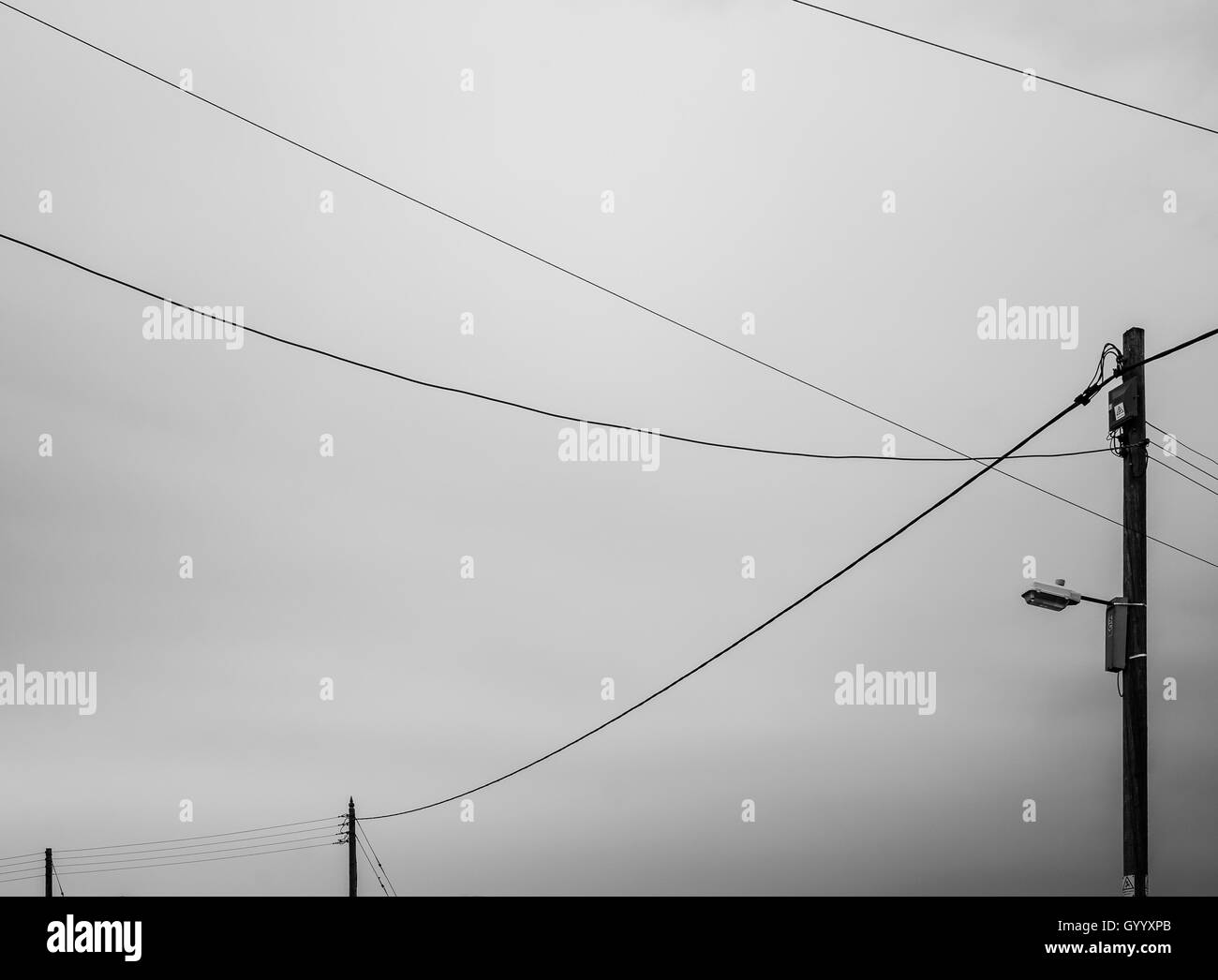 Le linee di alimentazione e di poli elettrici, Cresswell, Northumberland, England, Regno Unito Foto Stock