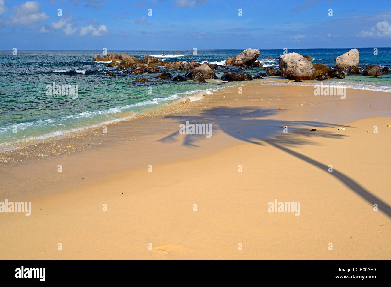 Sogno spiaggia Glacis spiaggia la sera con l'ombra di una palma, Seychelles, Mahe Foto Stock