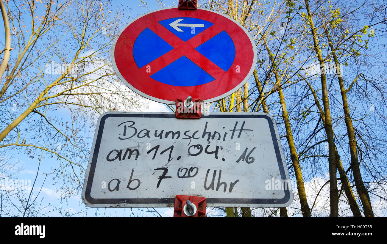 Nessun parcheggio durante la potatura degli alberi, Germania Foto Stock