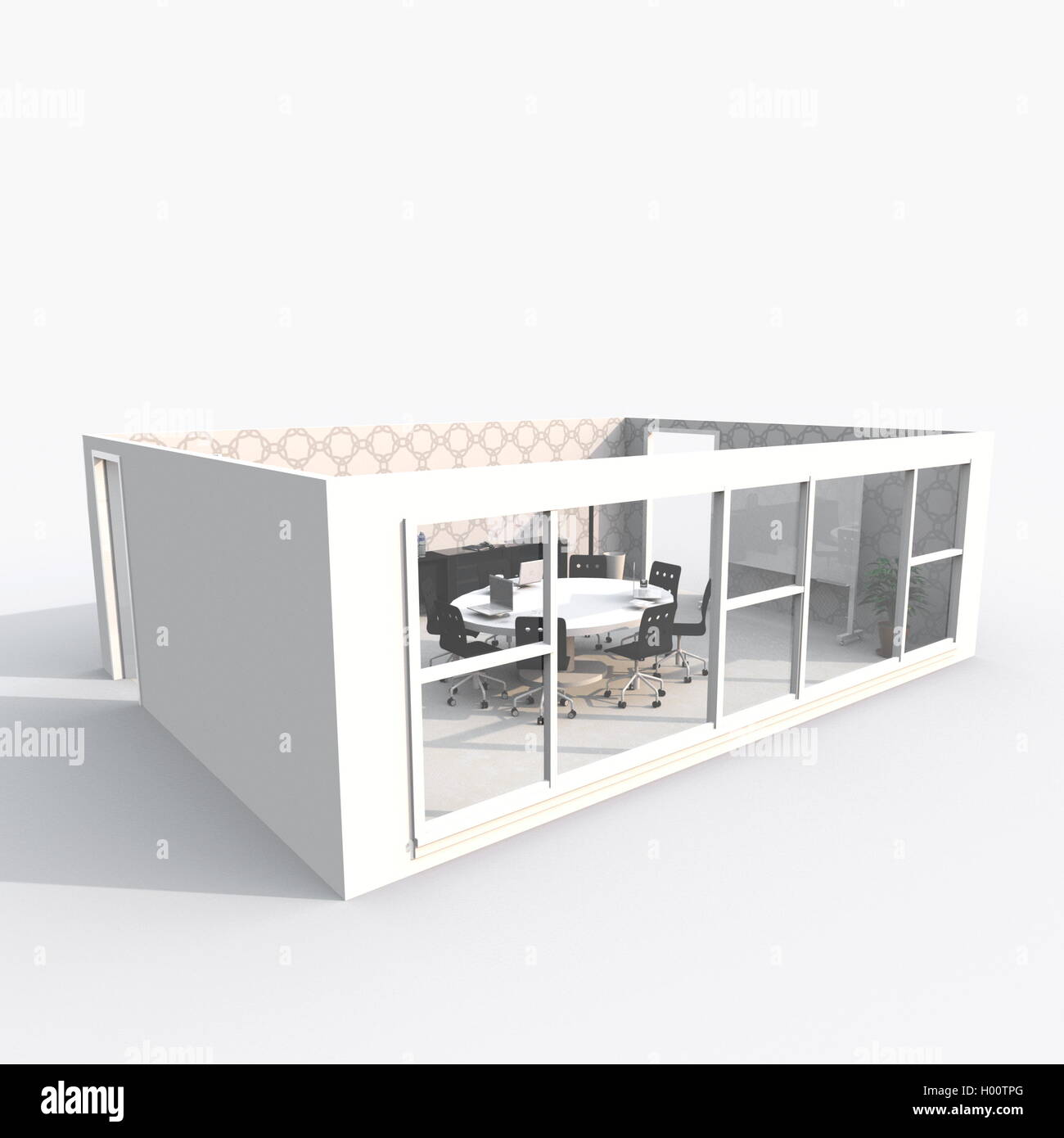 3D Interni rendering di arredata sala riunioni con grande finestra Foto Stock