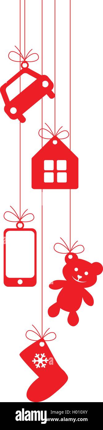 Telefono rosso, auto,casa giocattolo, orso e calza appesa come regali di Natale Illustrazione Vettoriale