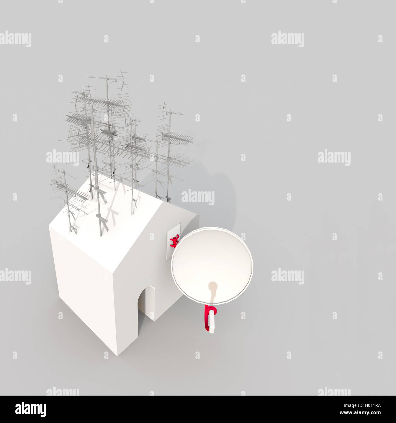 3D rendering illustrazione della casa bianca con antenna parabolica e antenne Foto Stock