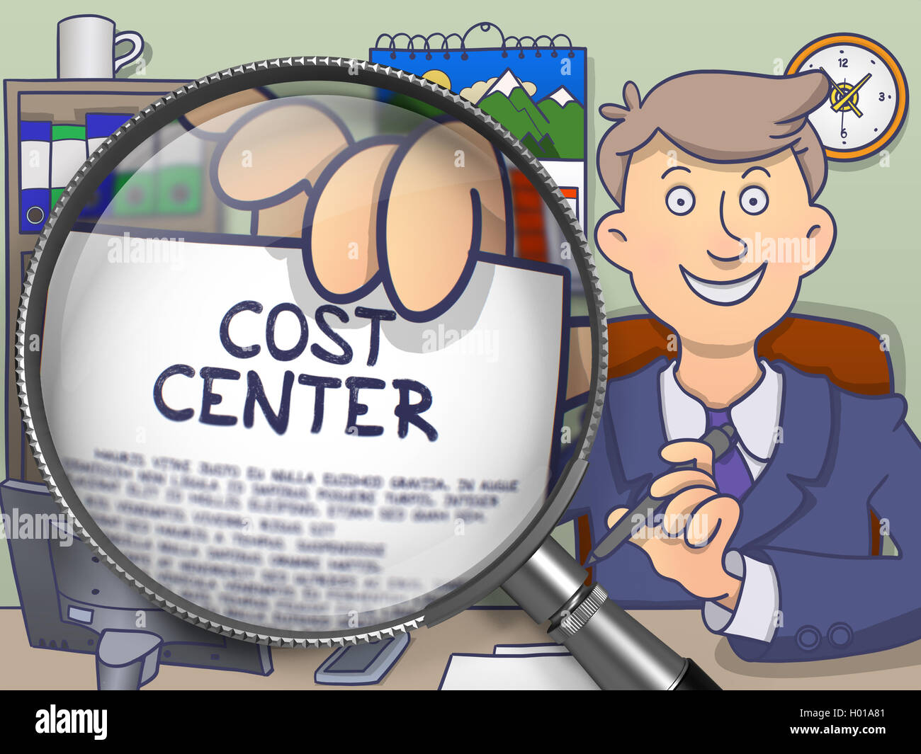 Il centro di costo attraverso la lente di ingrandimento. Doodle stile. Foto Stock