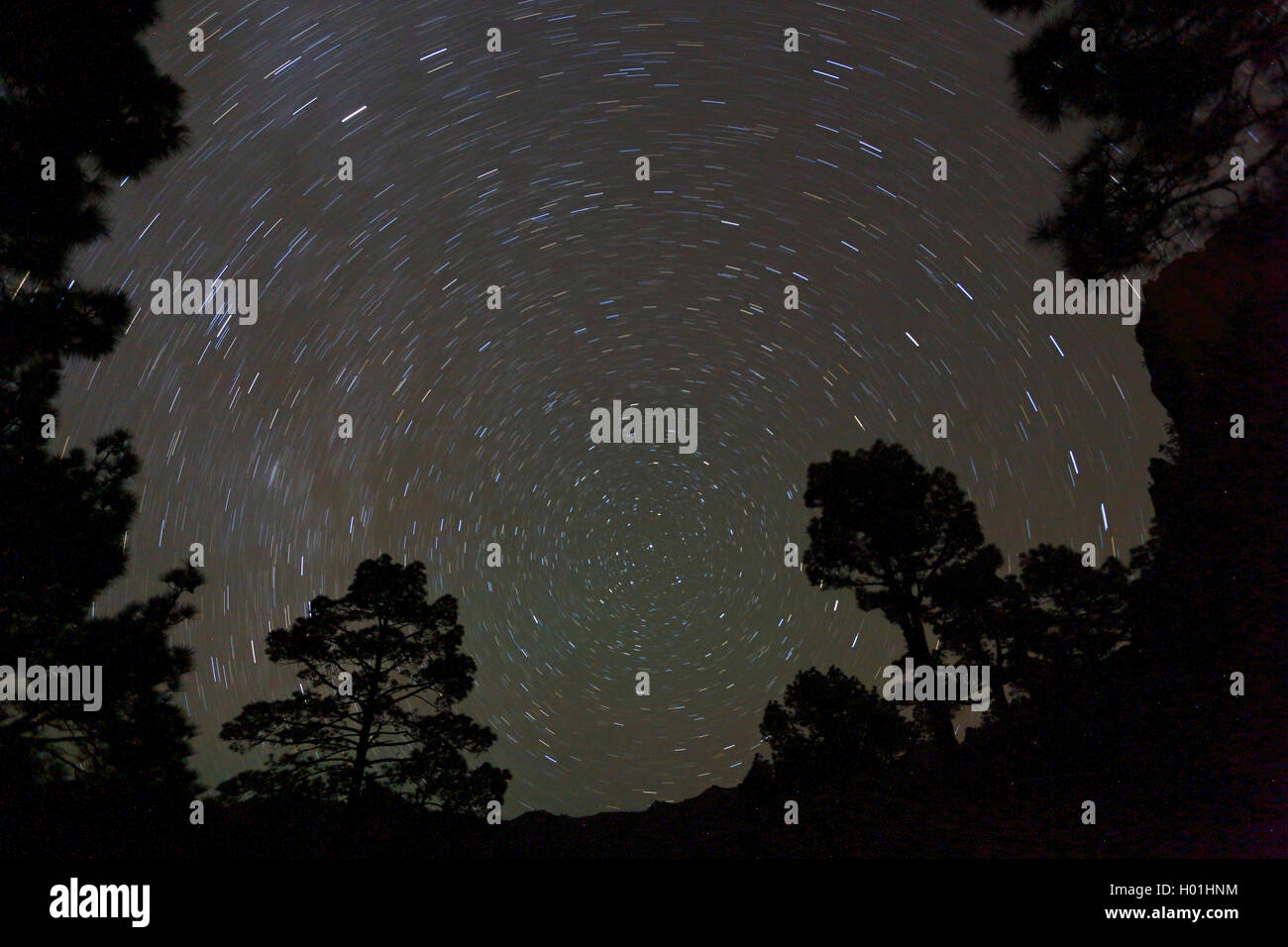 Starlit Sky gira intorno alla stella polare a Mirador Cumbrecita, Isole Canarie La Palma Foto Stock