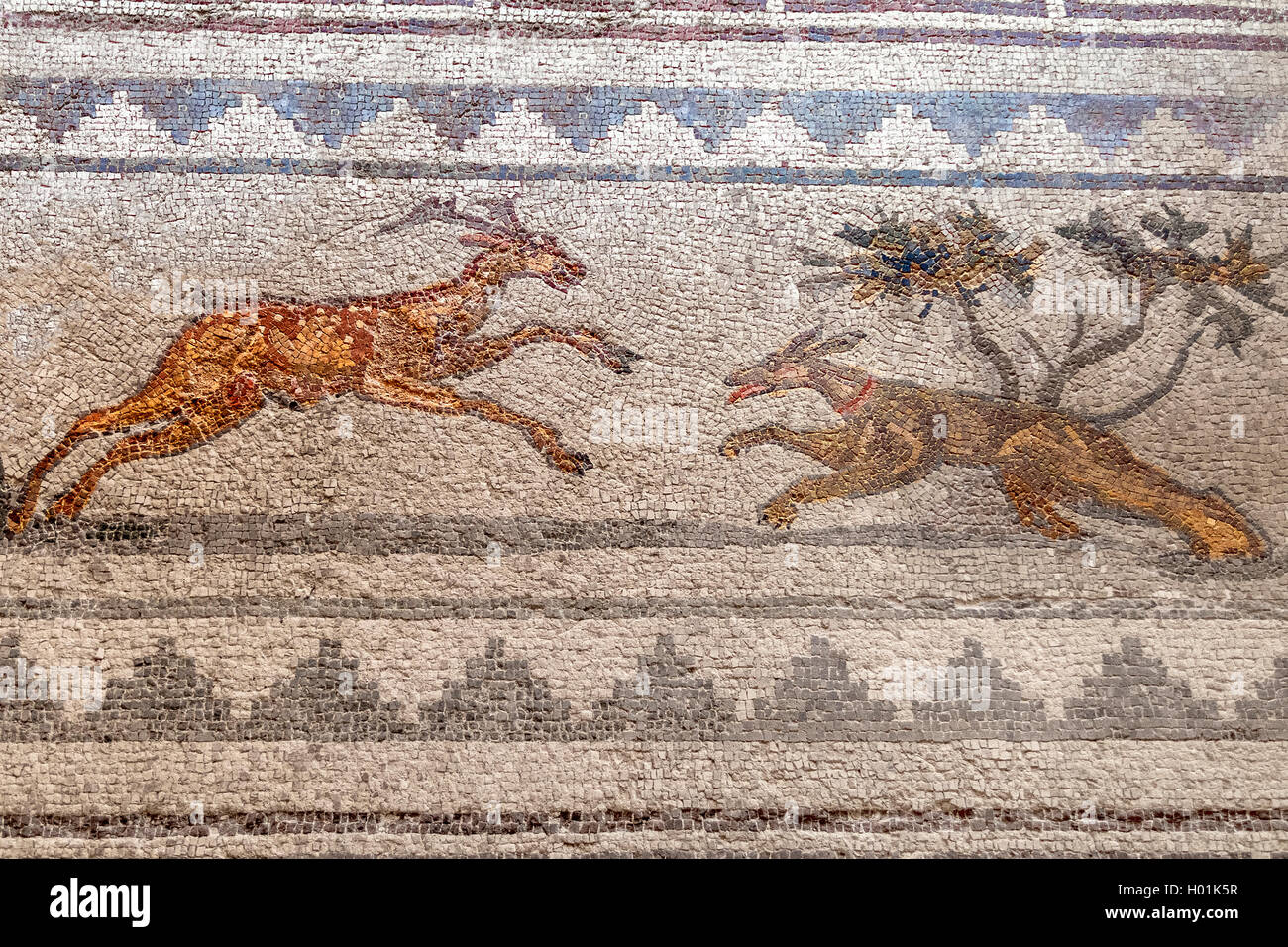 Scena di caccia mosaico Paphos Cipro Foto Stock