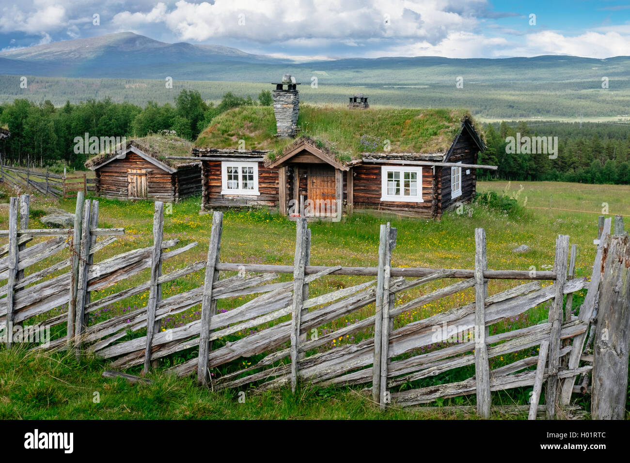 Tradizionale norvegese case nella provincia di Oppland tra Randsverk e città Skabu, Norvegia Foto Stock