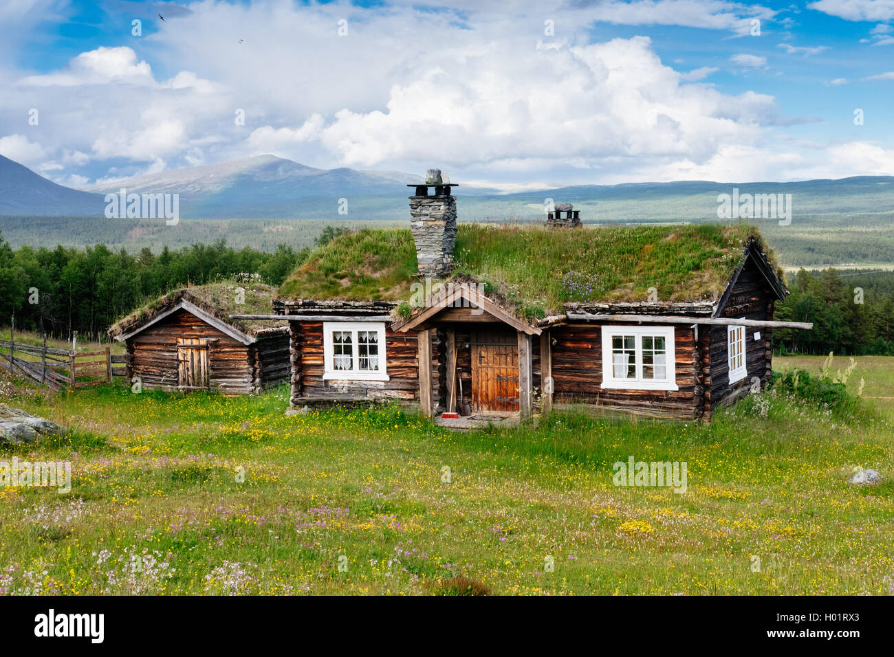 Tradizionale norvegese case nella provincia di Oppland tra Randsverk e città Skabu, Norvegia Foto Stock