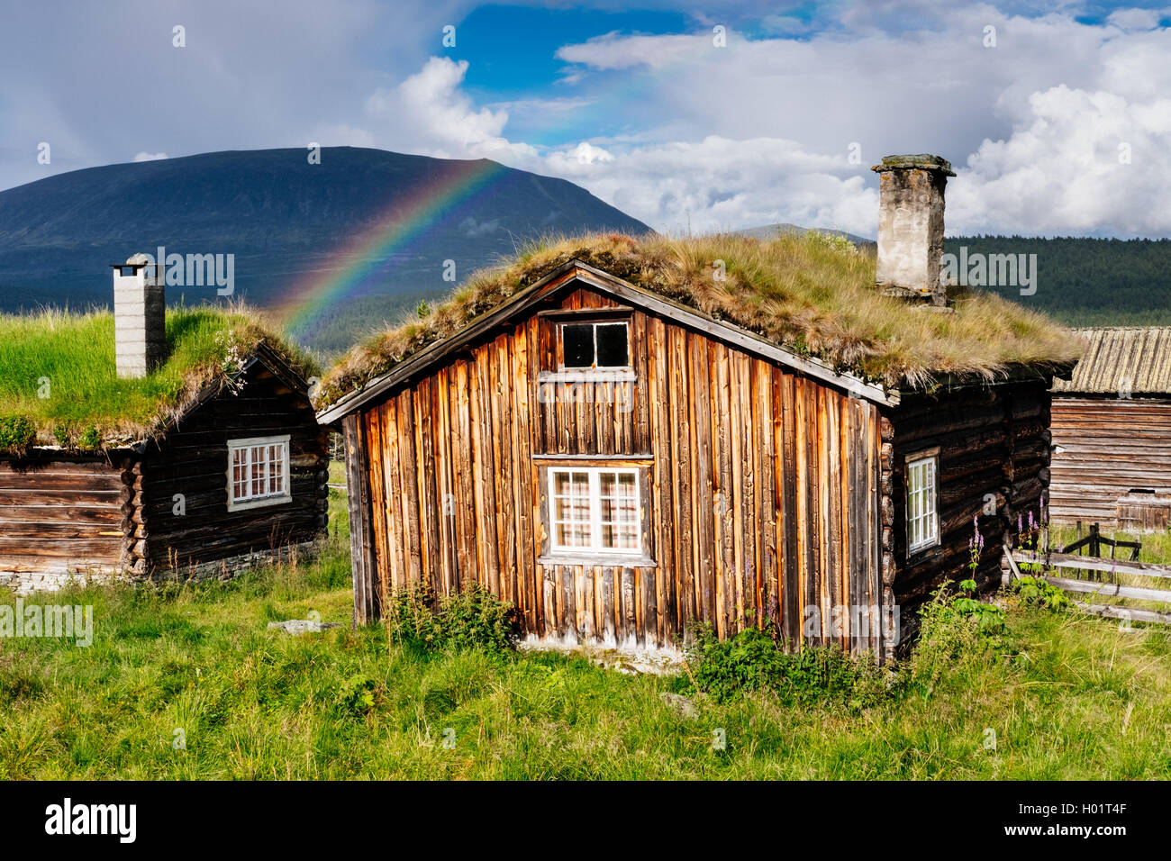 Il vecchio tetto di erba Case sotto un arcobaleno nei pressi di Lom, Oppland, Norvegia Foto Stock