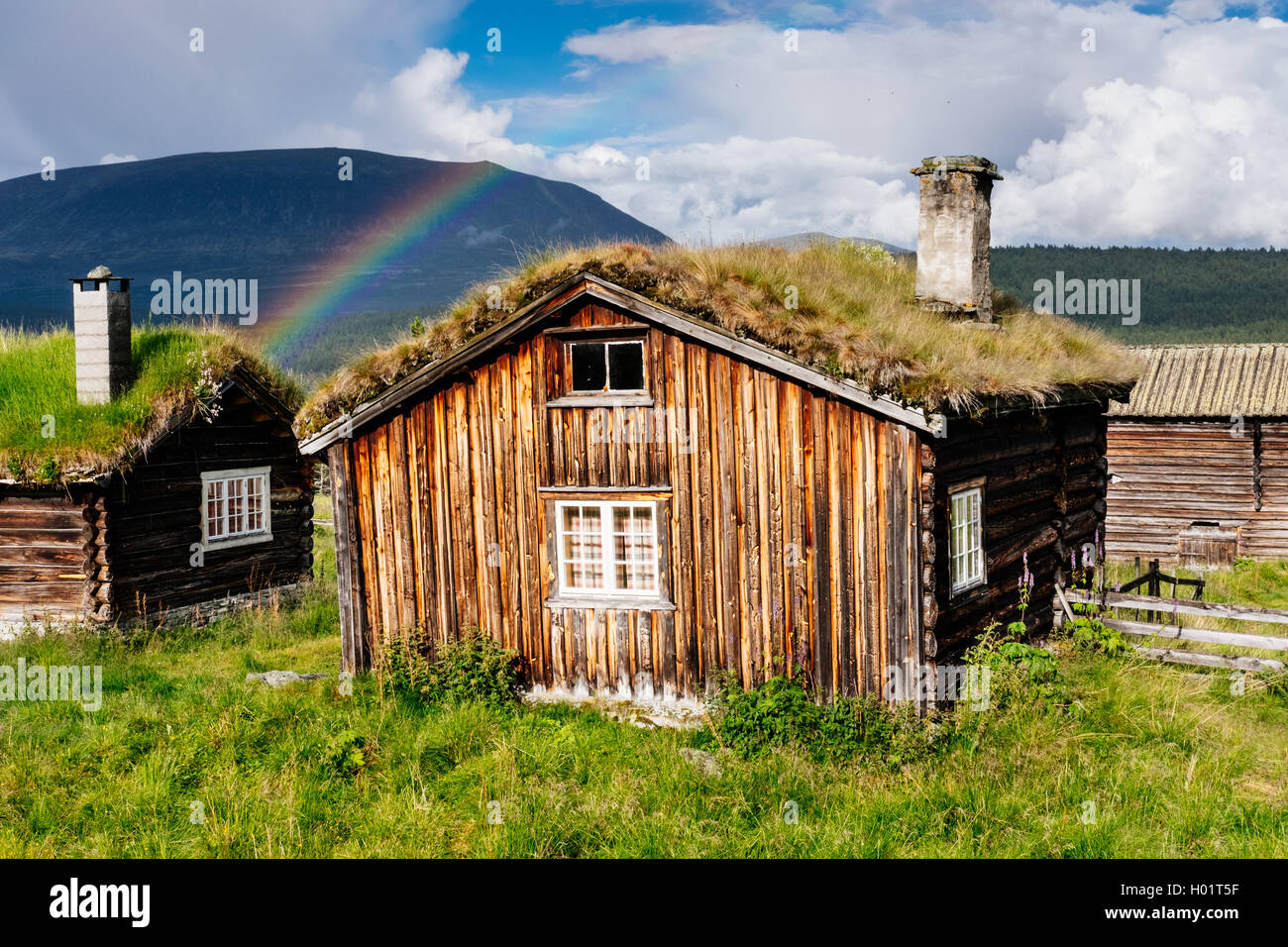 Il vecchio tetto di erba Case sotto un arcobaleno nei pressi di Lom, Oppland, Norvegia Foto Stock