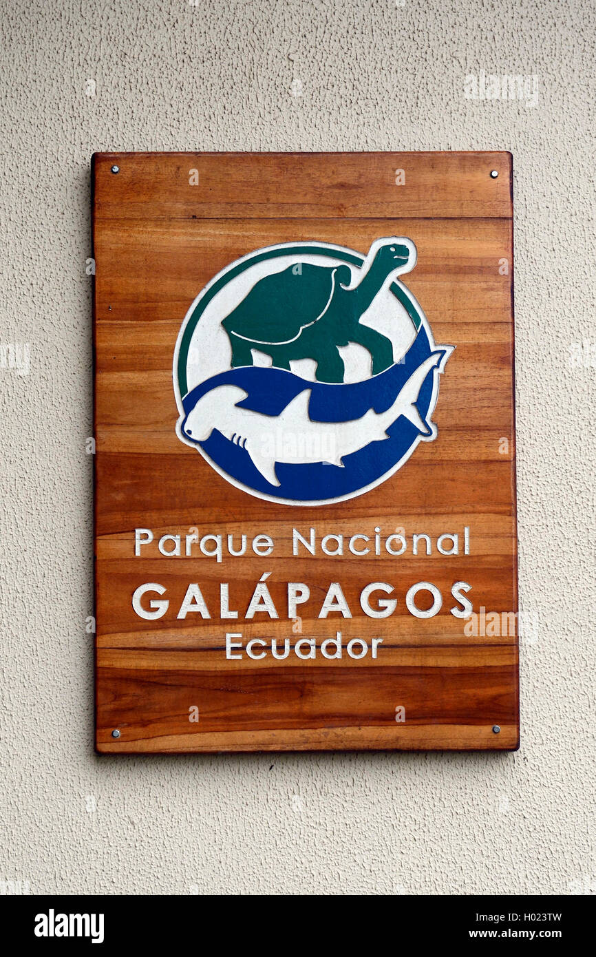 Zeichen des Nationalparks Galapagos in Puerto Baquerizo Moreno, Ecuador, Galapagos-Inseln, San Cristobal | info centrum di Galap Foto Stock