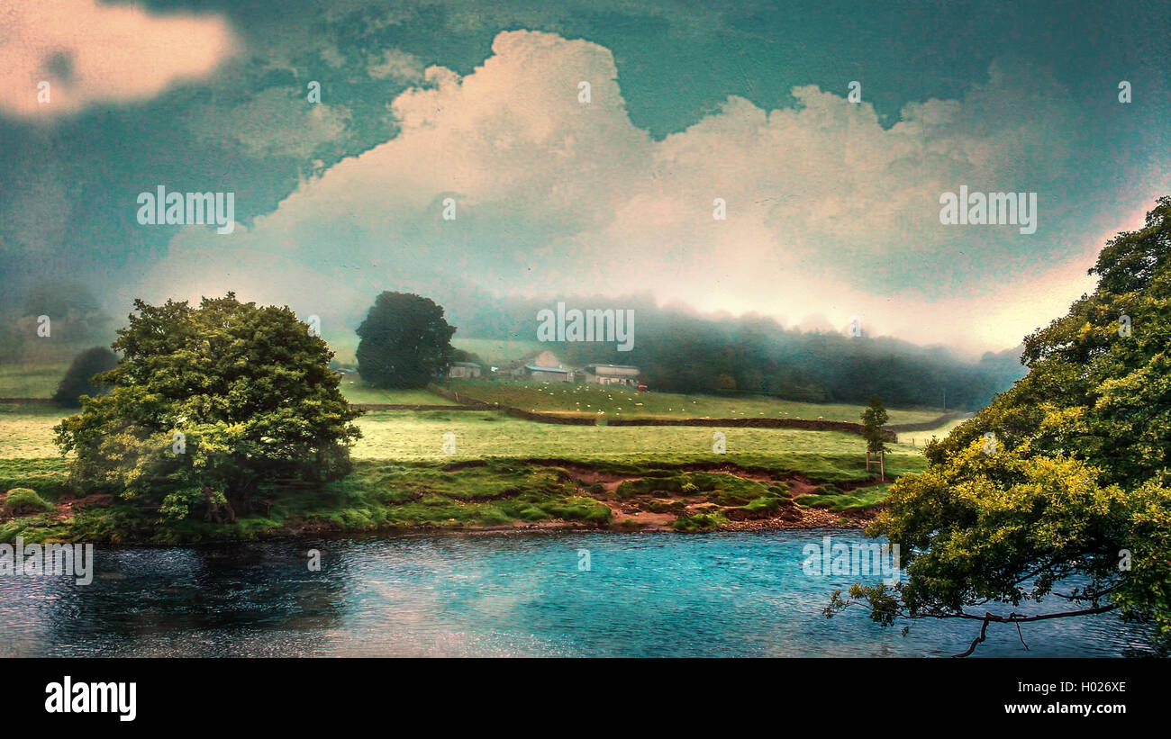 Un bellissimo paesaggio inglese con un fiume e agriturismo Foto Stock