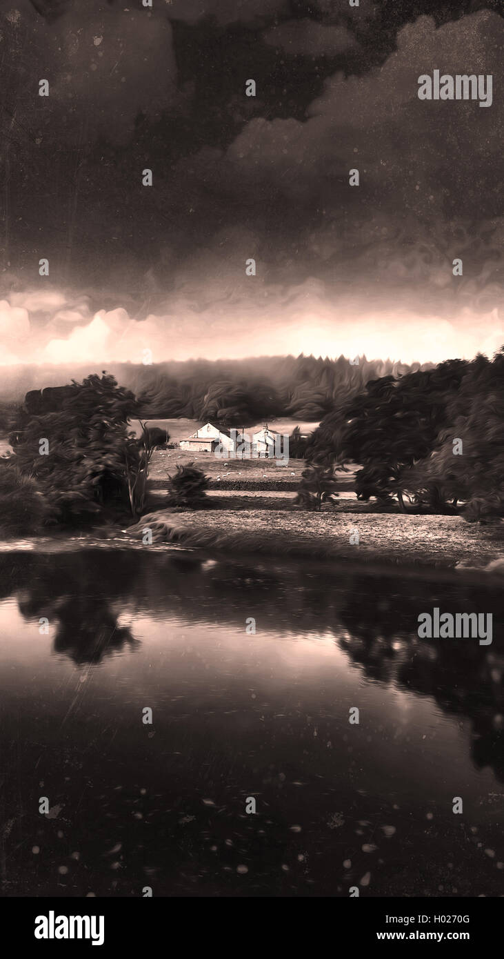 Moody paesaggio atmosferica con casa colonica in una distanza Foto Stock