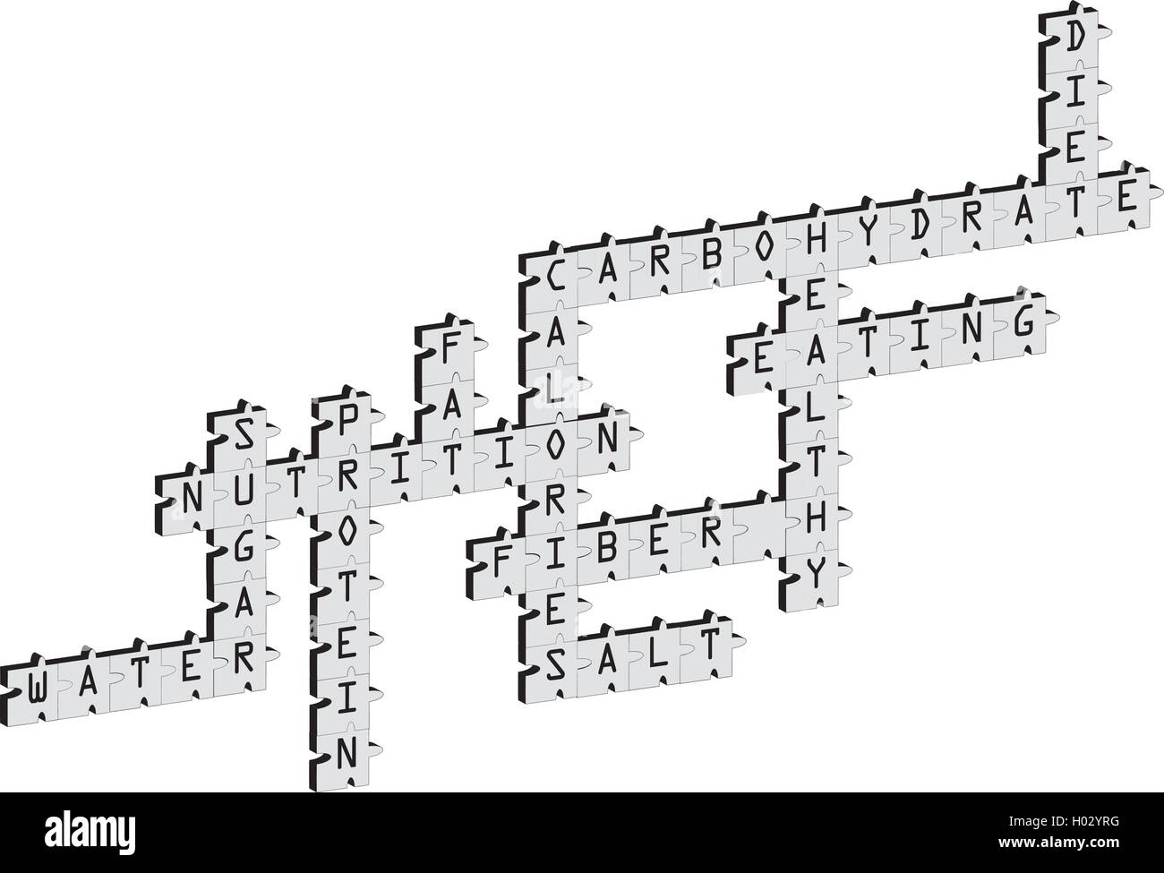 Componenti di nutrizione e alimentazione sana in 3D jiigsaw i pezzi del puzzle collegati stile cruciverba. Illustrazione Vettoriale