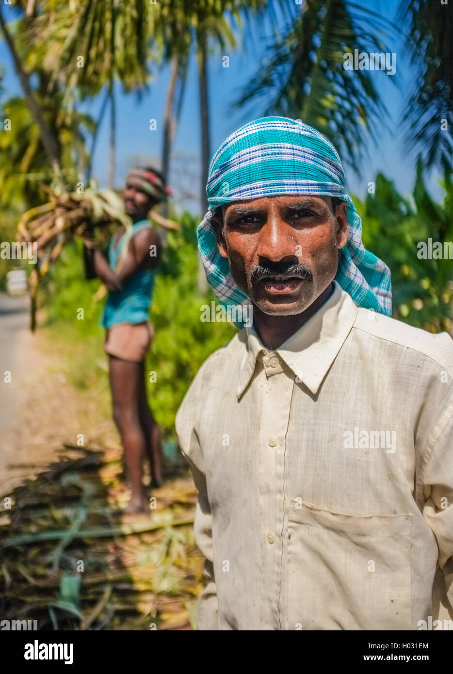 HAMPI, India - 28 gennaio 2015: Ritratto di lavoratore indiano con secondo lavoratore di canna da zucchero di carico sul carrello Foto Stock
