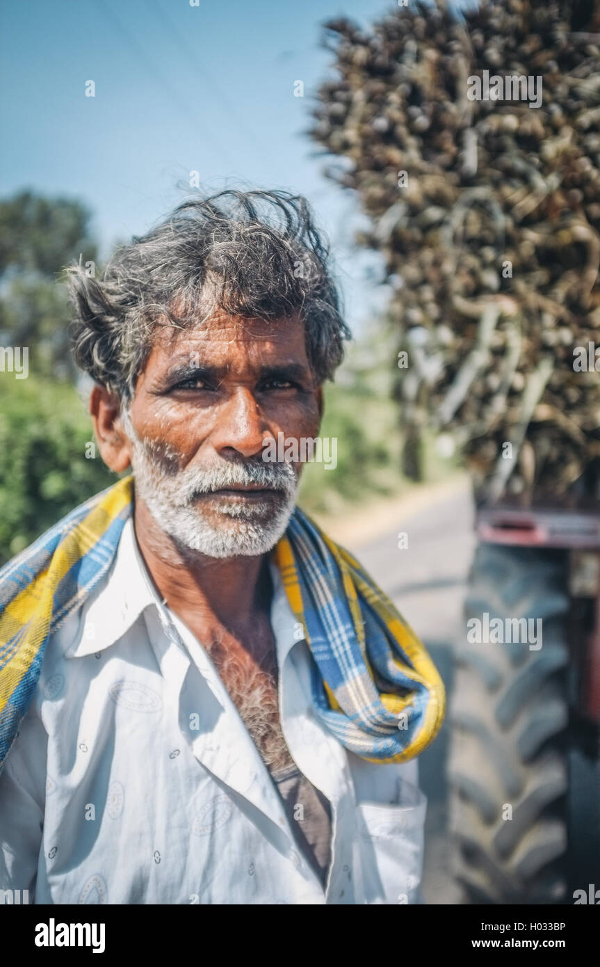 HAMPI, India - 28 gennaio 2015: Ritratto di lavoratore indiano accanto al carrello caricato con la canna da zucchero. Post-elaborati con grano, textur Foto Stock