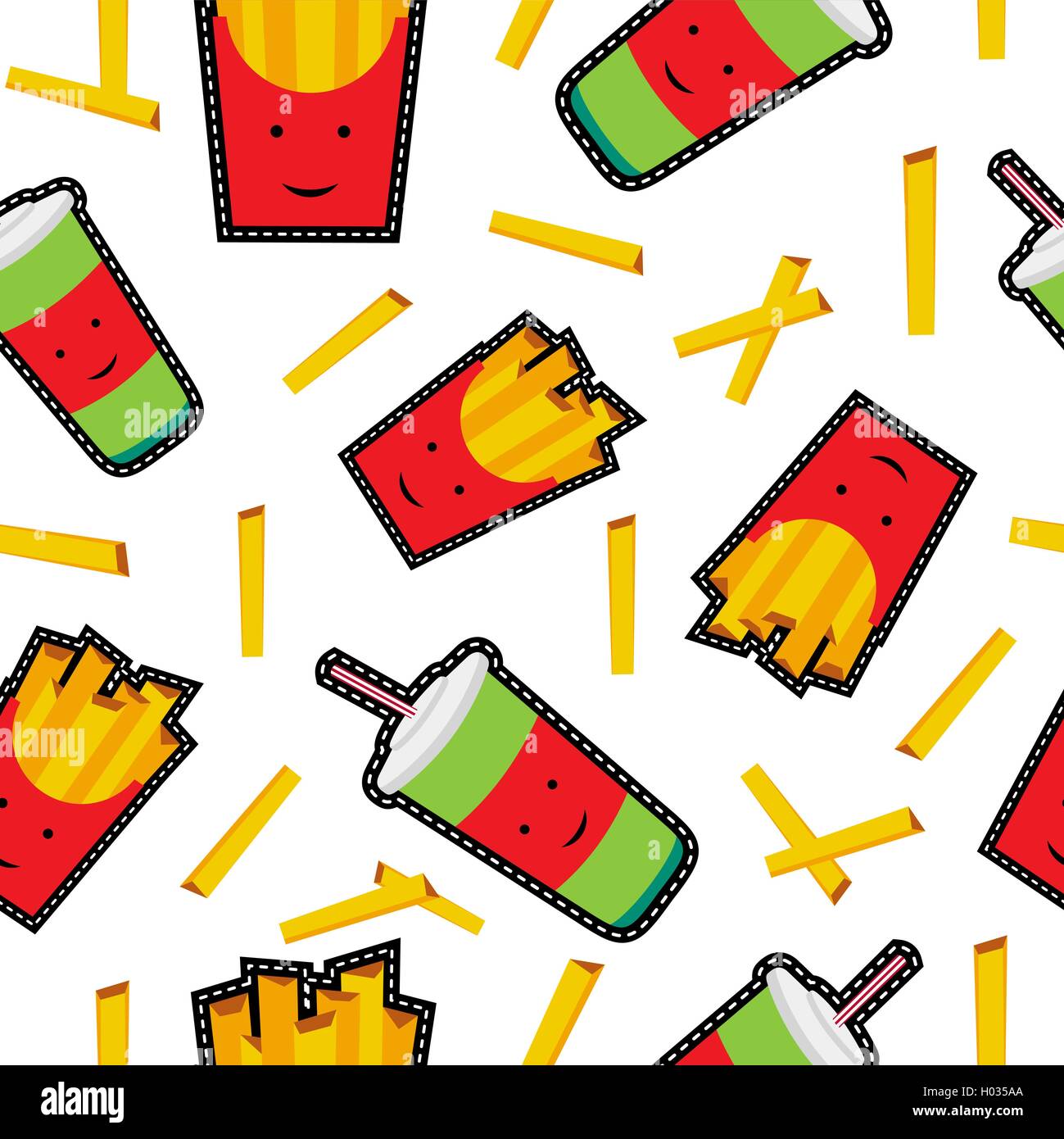 Modello senza cuciture con patatine fritte e soda drink patch di cucitura, un ristorante fast food sfondo icone. EPS10 vettore. Illustrazione Vettoriale