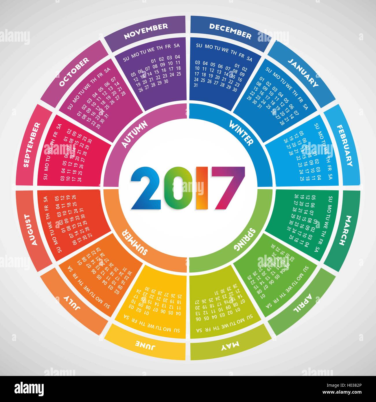 Colorato round del calendario 2017 design. Settimana comincia la domenica Illustrazione Vettoriale