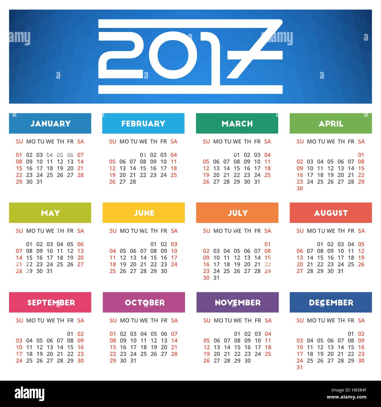 Calendario 2017 design con astratta geometrica blu sullo sfondo. Settimana comincia la domenica Illustrazione Vettoriale