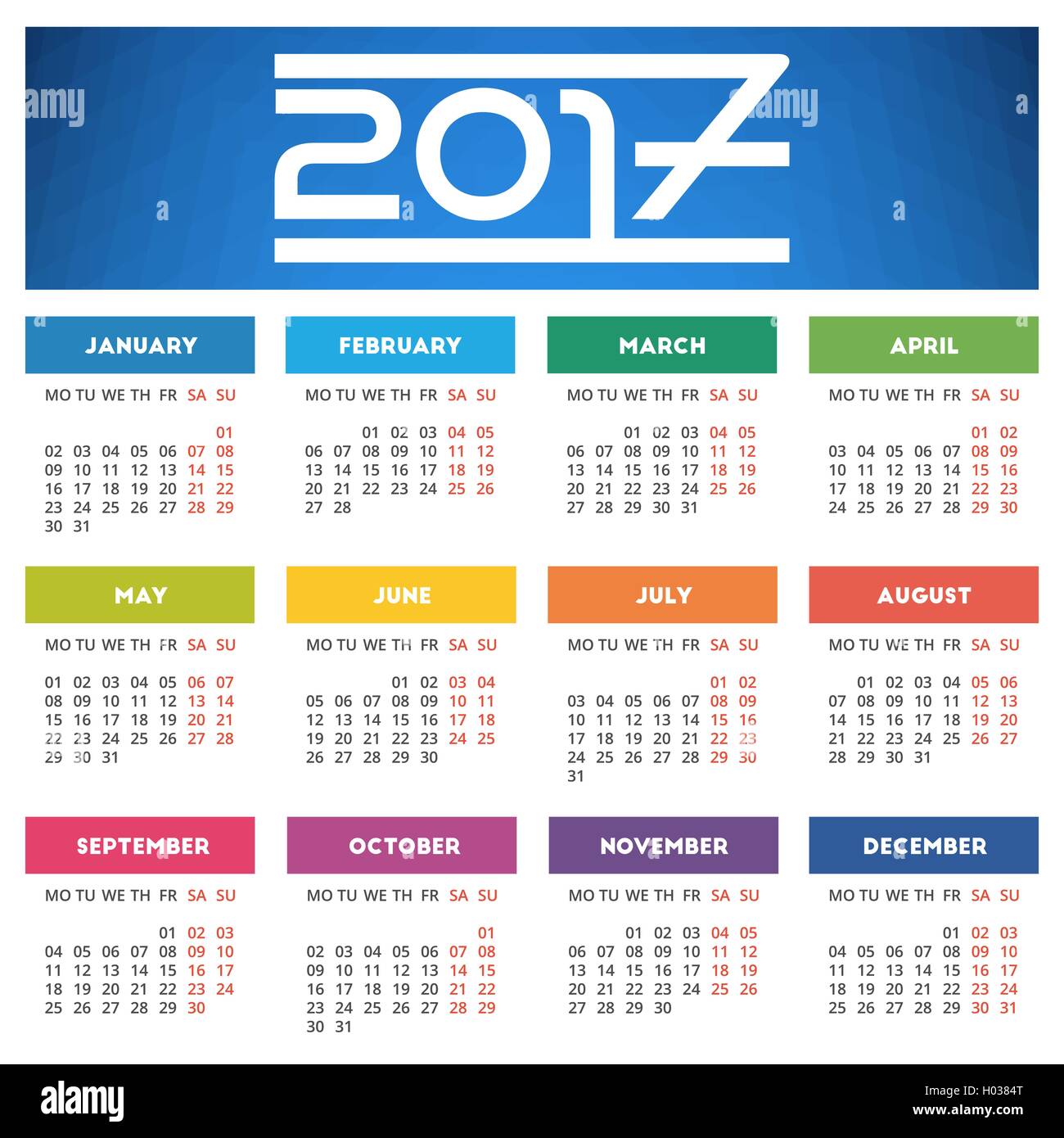 Calendario 2017 design con astratta geometrica blu sullo sfondo. La settimana inizia il lunedì Illustrazione Vettoriale