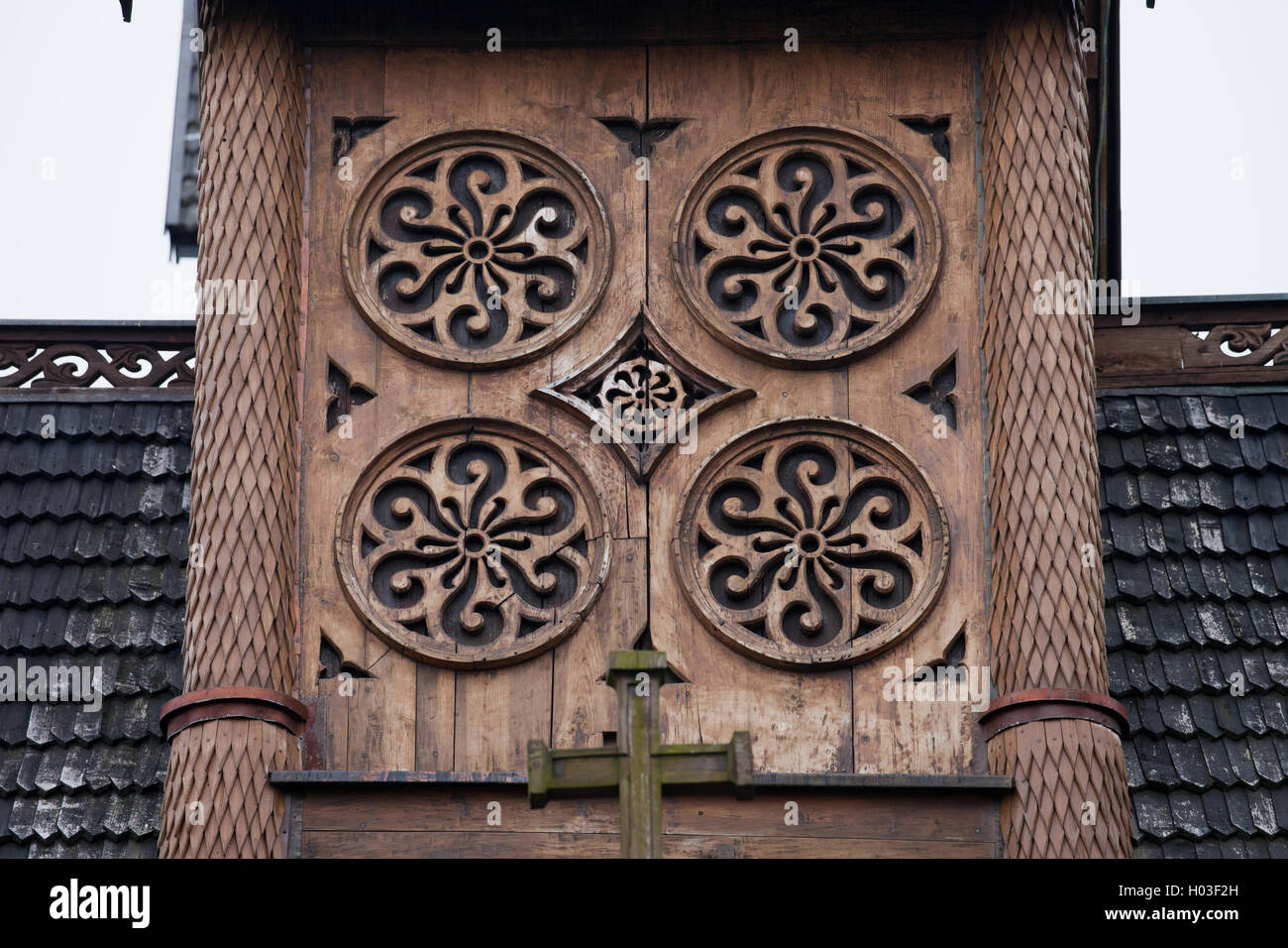 Wang Chiesa scolpita in legno closeup dettagli architettonici, Karpacz, Polonia, Vang Tempio ex posizione era in Vang, Valdres, né Foto Stock