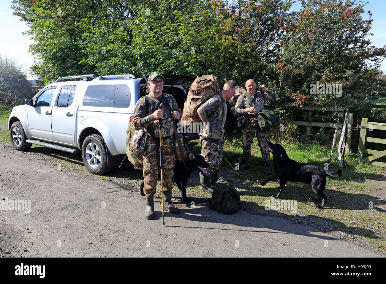 Gli uomini ottenere pronto.a caccia di uccelli selvatici in zone umide. Lindisfarne Riserva nazionale Foto Stock