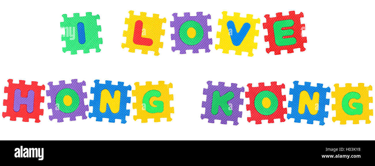 Messaggio i love hong kong , da lettere puzzle, isolati su sfondo bianco. Foto Stock