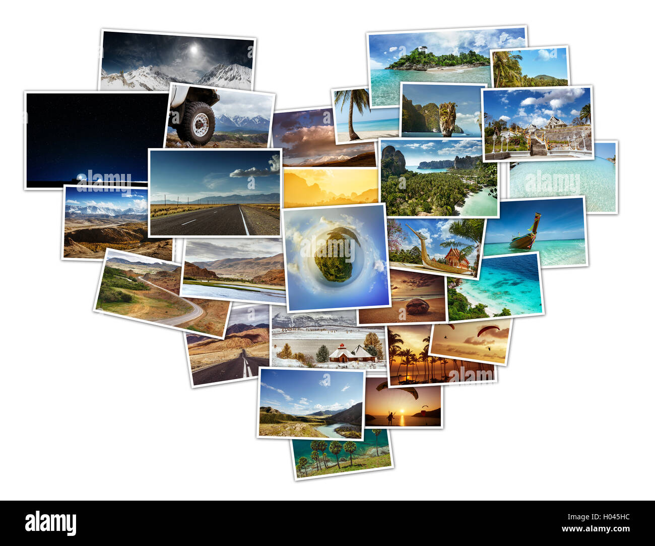 Collage di foto di viaggio si trova in forma di cuore concept Foto Stock