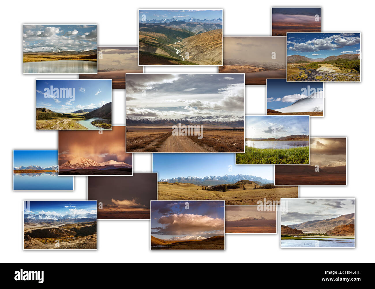 Montagne photo collage concetto di viaggio Foto Stock