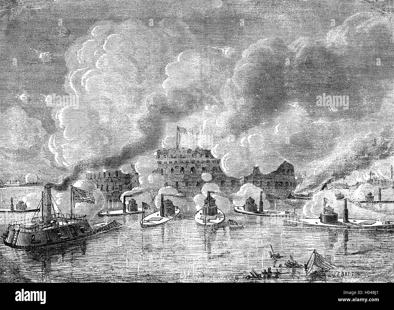 L'attacco a Fort Sumter, una speciale mare fort programmate dopo la guerra del 1812. I primi scatti della Guerra Civile Americana, la prima battaglia di Fort Sumter inaugurato il 12 aprile 1861, quando l'artiglieria confederato sparato sul raccordo garrison a Charleston, Carolina del Sud, Stati Uniti d'America. Foto Stock