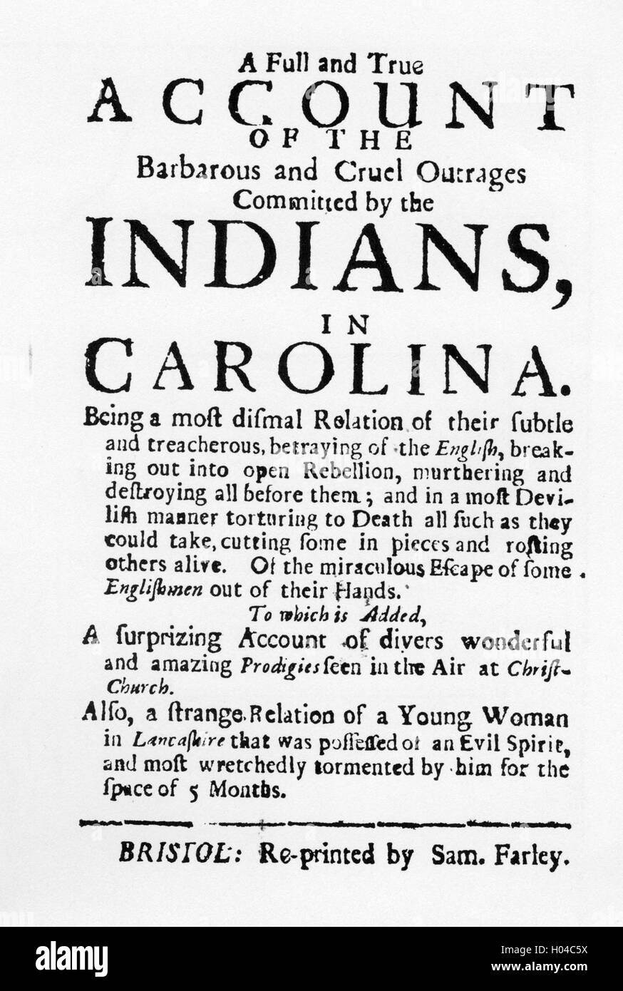 Un account DEGLI INDIANI IN CAROLINA stampato da Bristol editore Samuel Farley nel 1715 Foto Stock