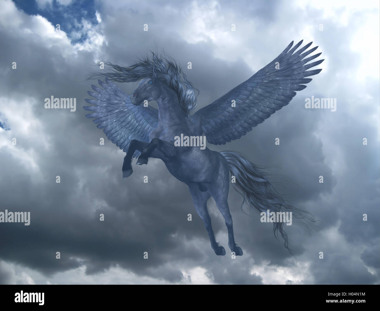 Un nero cavallo Pegasus sorge su ali potenti in un cielo blu con ondeggianti nuvole bianche. Foto Stock