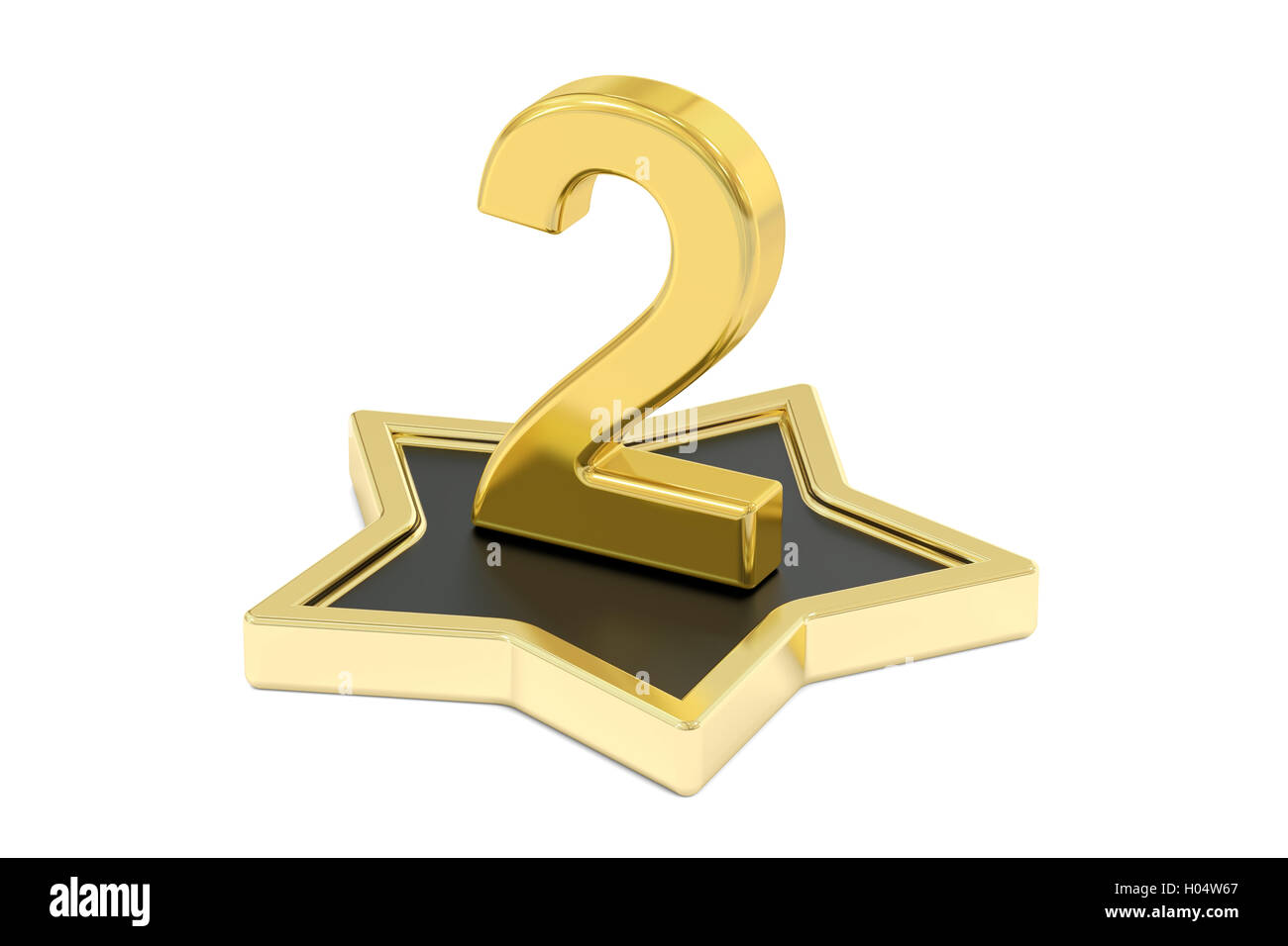 3D golden numero 2 sul podio a stella, rendering 3D isolati su sfondo bianco Foto Stock