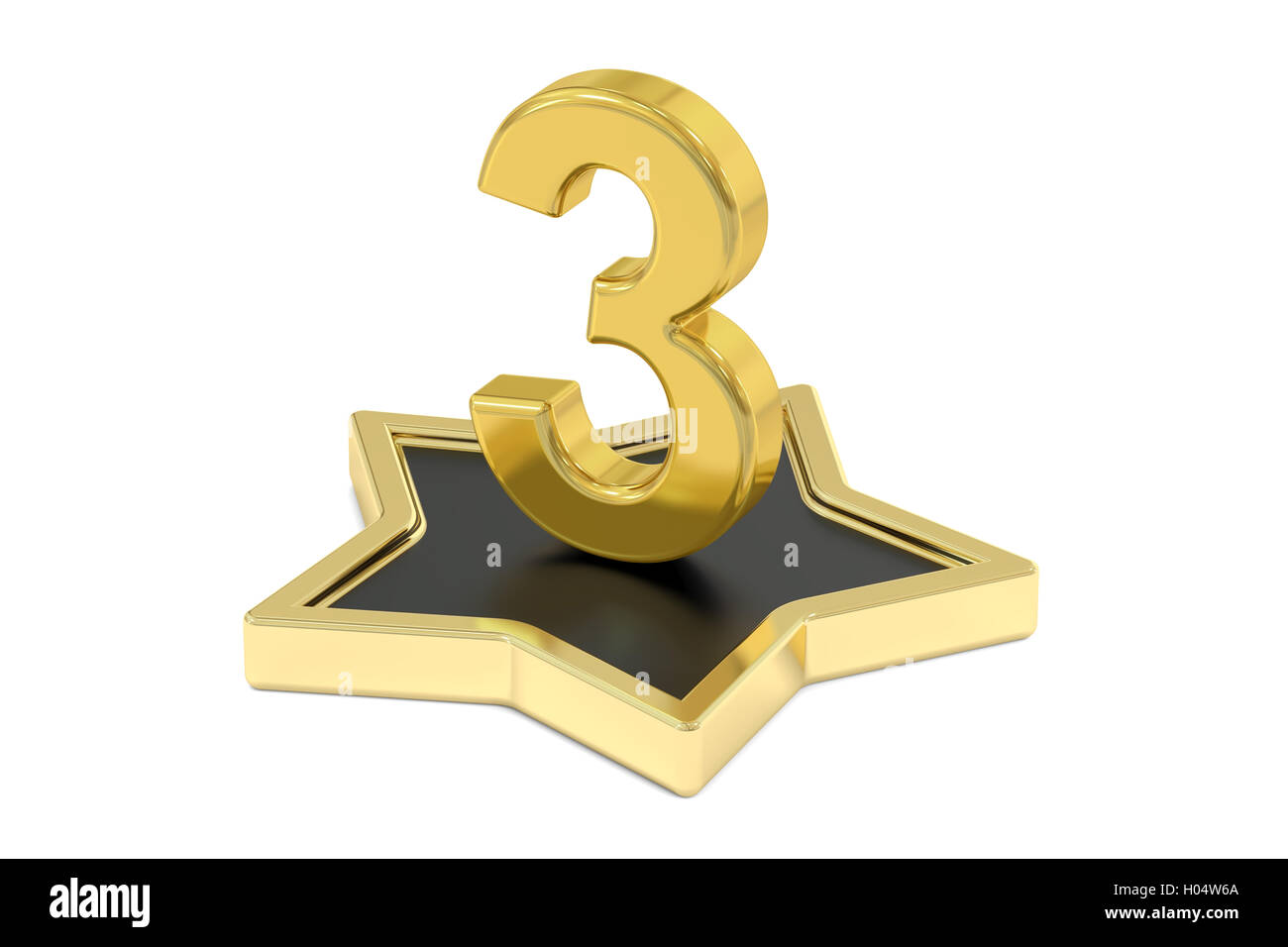 3D golden numero 3 sul podio a stella, rendering 3D isolati su sfondo bianco Foto Stock