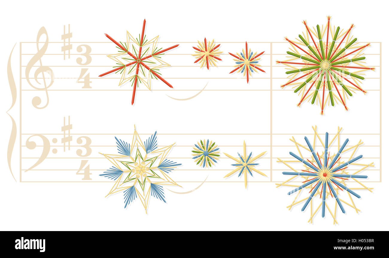 Silent Night Christmas Song doga con paglia vintage stelle invece di note. Foto Stock