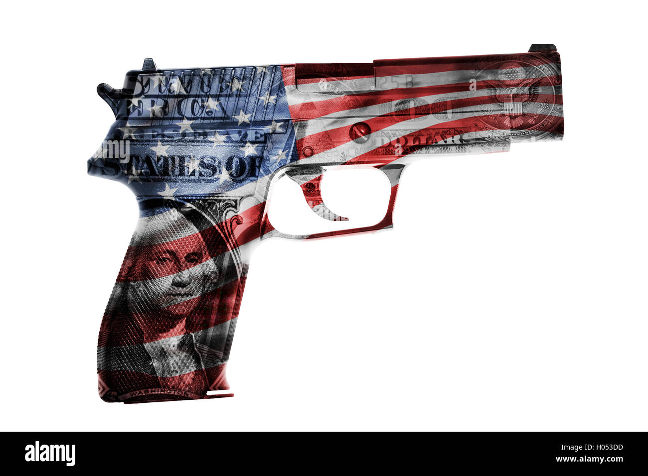 Pistola, American contanti e composito di bandiera Foto Stock