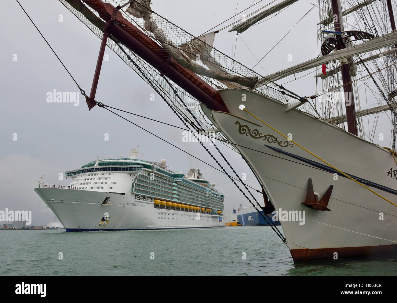 Southampton, Hampshire, Regno Unito. 19 Settembre, 2016. 2016 Southampton Boat Show - La 15-ponte nave MS "Indipendenza dei mari'- accomodante 4,370 passeggeri e servita da 1.360 equipaggio aveva una vista dominante sulla 2016 Southampton Boat Show Mayflower Park durante la 1 giorni di soggiorno.a 339.00 metro lungo esso sopraffatte film compreso la formazione olandese tall ship STV Astrid (visto qui come sua parte) Foto Stock