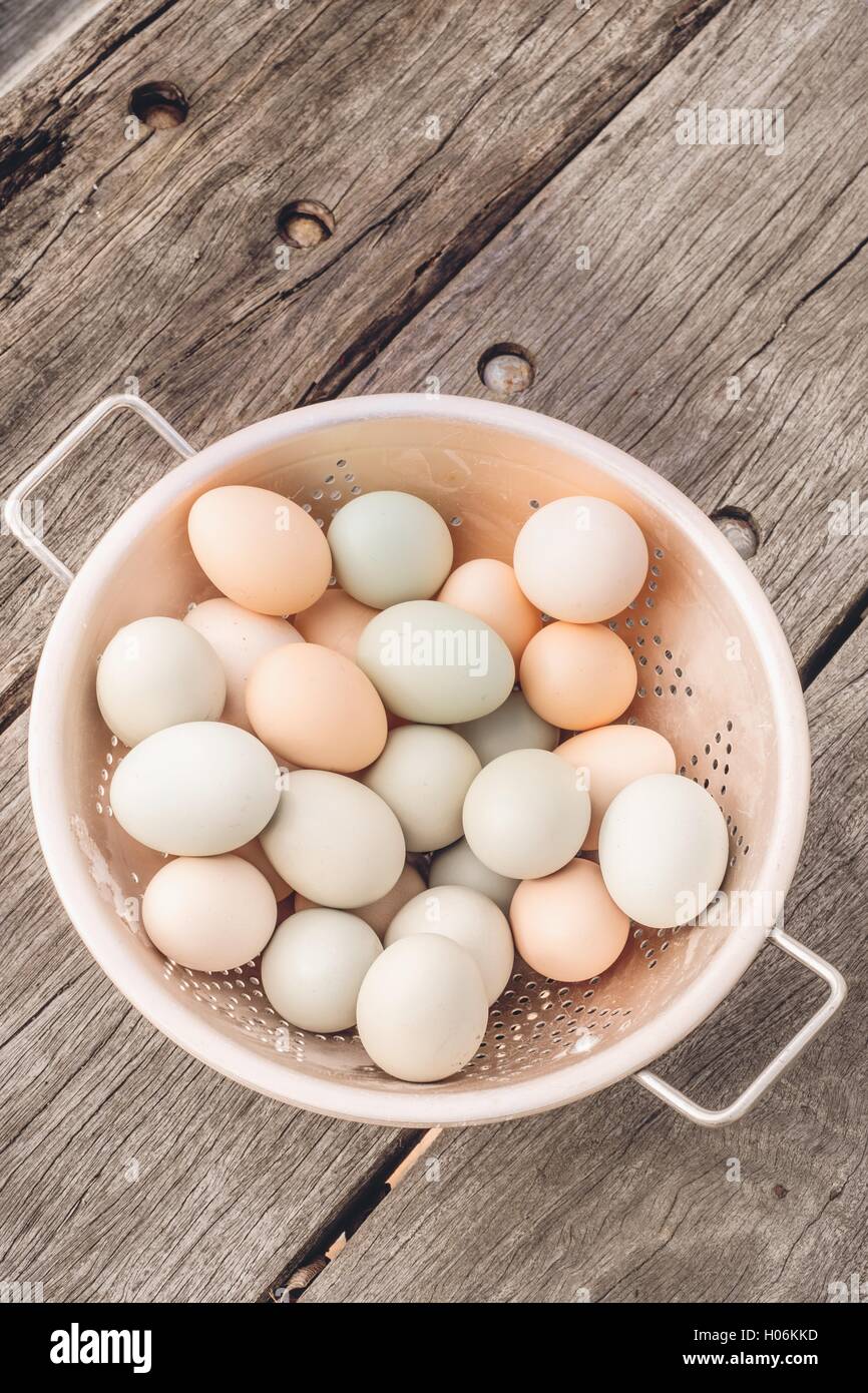 Fresco uova di pollo nel cestino Foto Stock
