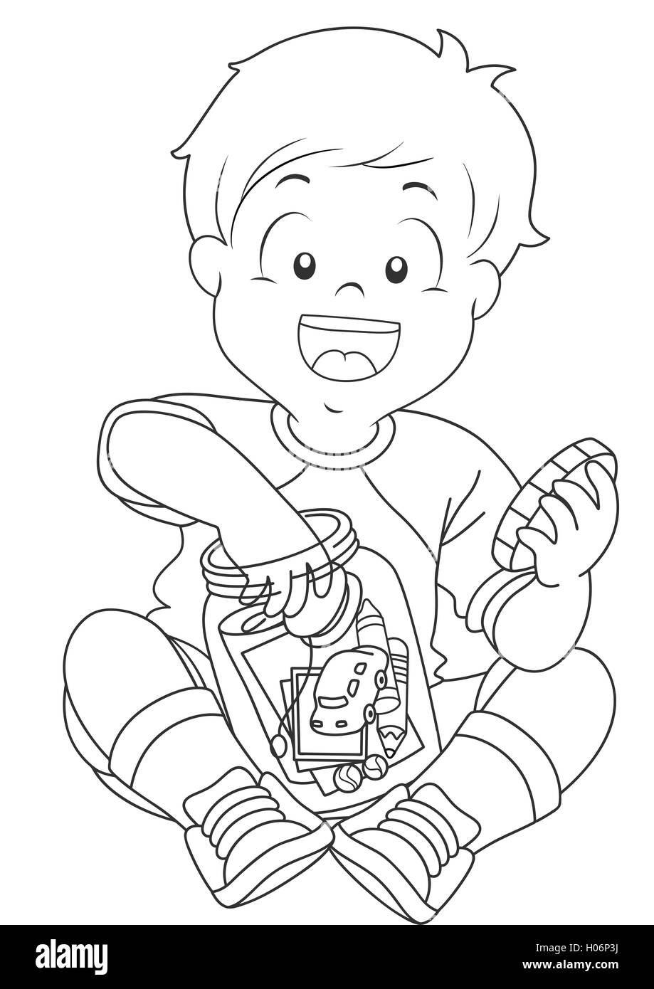 Bianco e Nero illustrazione di un ragazzo la memorizzazione di bigiotteria in un vaso Foto Stock