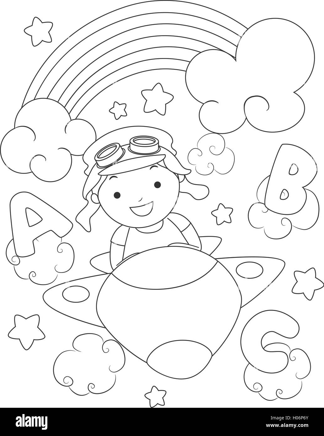 In bianco e nero nella pagina di colorazione illustrazione di un ragazzo vestito come un aviatore Foto Stock