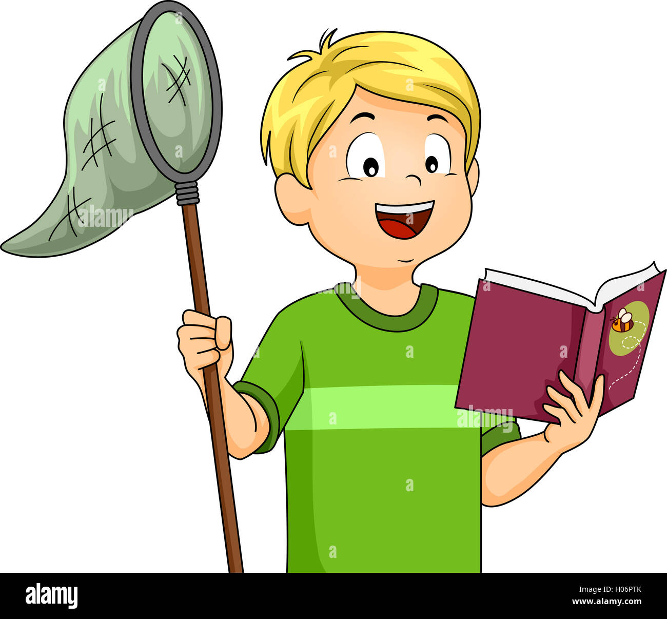 Illustrazione di un ragazzo tenendo un Butterfly Net durante la lettura di un libro Foto Stock
