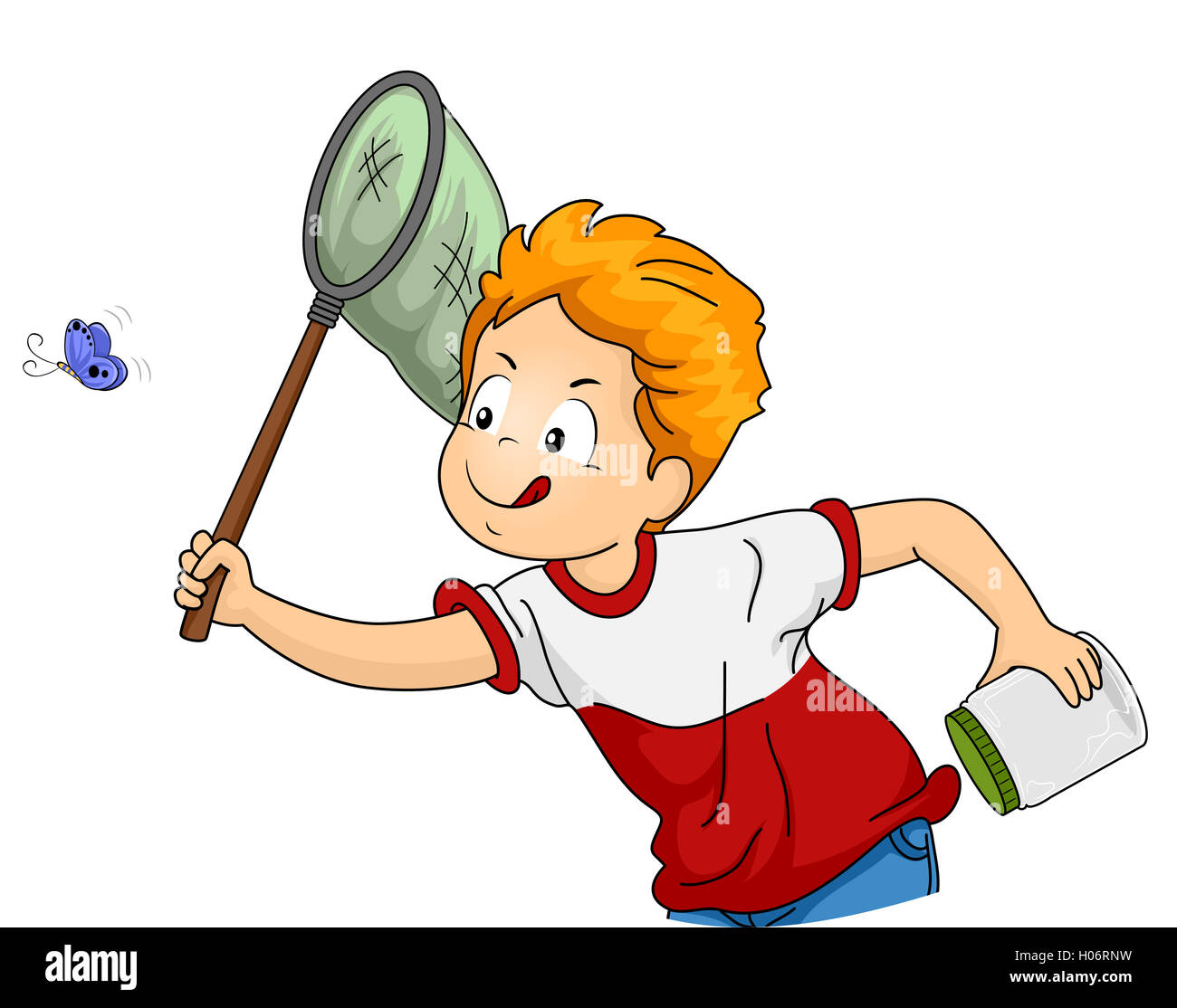Illustrazione di un ragazzino rincorrere una farfalla Foto Stock