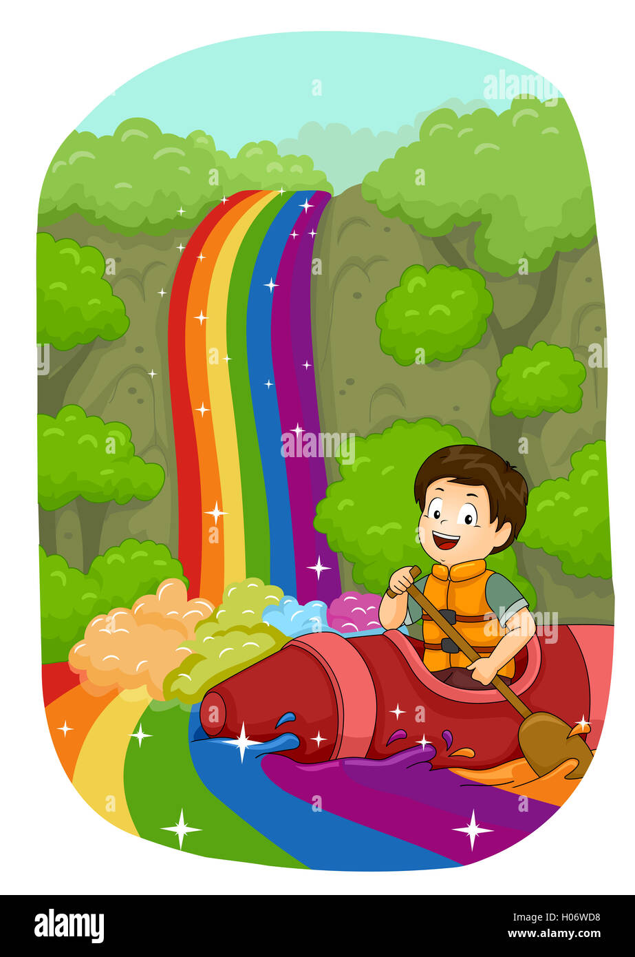 Illustrazione di un ragazzino kayak giù un fiume arcobaleno Foto Stock