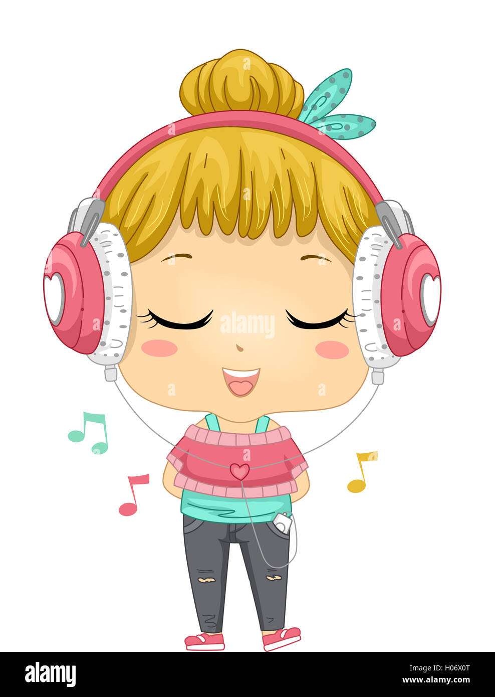 Illustrazione di una bambina ascoltando la musica dal suo lettore musicale Foto Stock